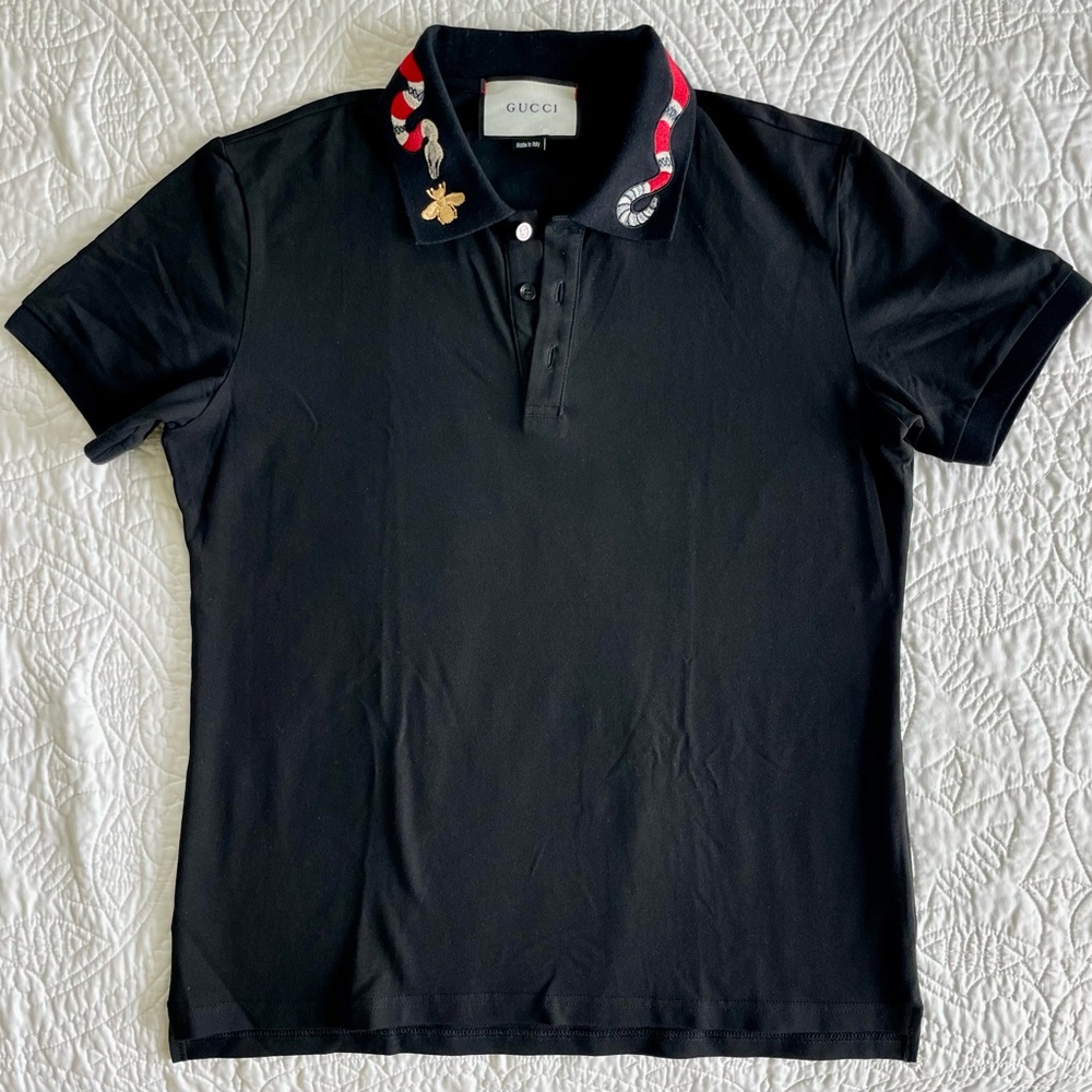 Gucci Black Polo with Red and White Snake & Bee embroidered appliqué Details